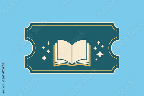Illustration of an open book with stars inside a decorative ticket frame on a light blue background