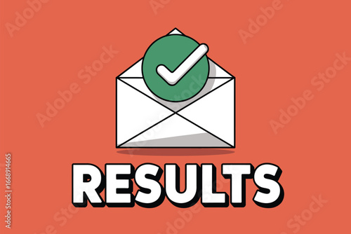 An envelope with a green check mark and the word results on a coral colored background illustration