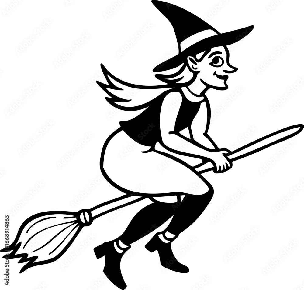 Fototapeta premium Line Art Witch flying on broomstick with pointed hat and boots in line art style