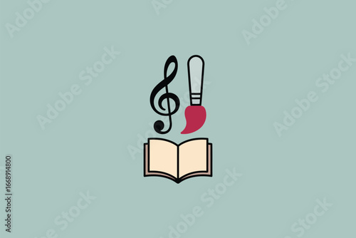 An illustration of a book with a treble clef and a paintbrush on a light blue background image design