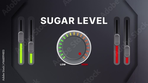 Animation of Sugar level on a circular gauge moving from low to high and back. Can be used to show increase or decrease. Perfect for health, fitness, or data content.