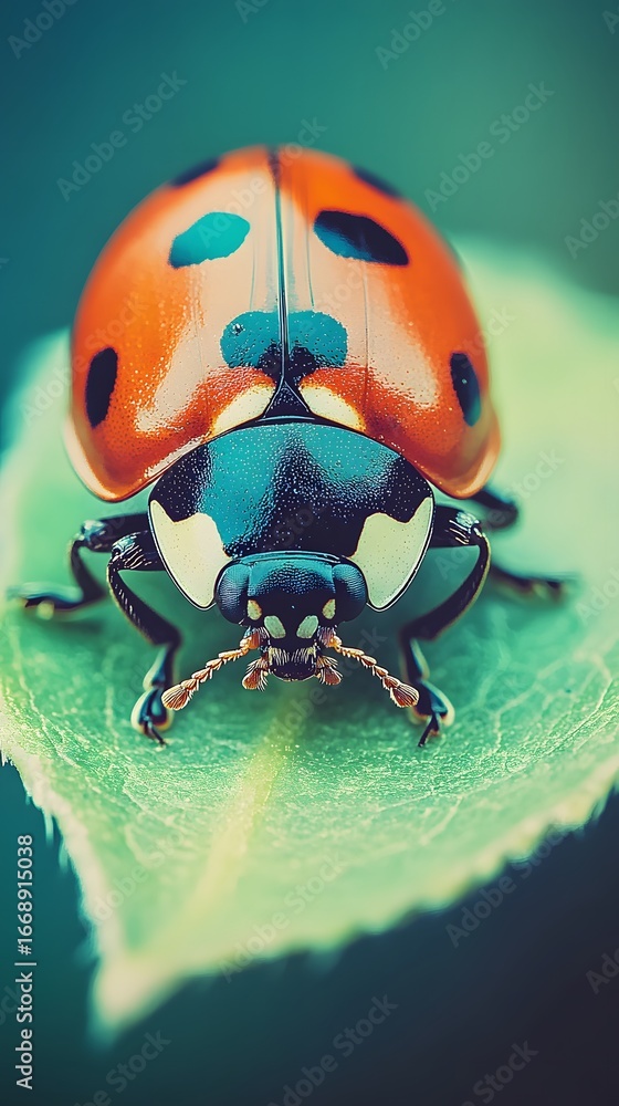 Fototapeta premium Closeup Ladybug on Green Leaf Macro Photography