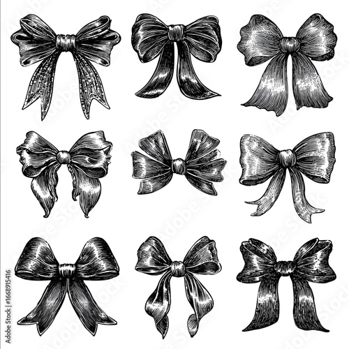 cute black bows in the style of vintage tattoo art hand drawn ink on paper high detail high resolution high quality high definition.