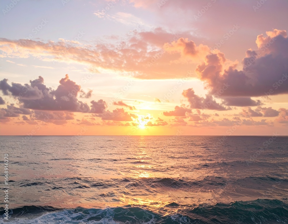 Fototapeta premium A vibrant pastel sunset over the ocean horizon with glowing skies and soft clouds. Perfect for digital wallpaper or calming backgrounds.