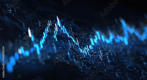 Abstract digital stock market graph visualization; blue lines fluctuate on dark background of data points