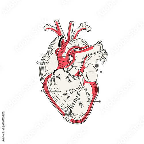 Labeled human heart anatomy illustration showing chambers, valves, and vessels; useful for medical education, research, and healthcare presentations.