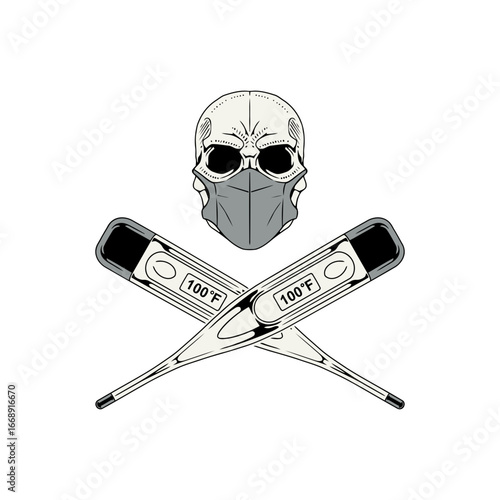 Skull wearing a medical mask above crossed thermometers indicating a fever, a modern take on the pirate flag, blending health crisis with symbolism