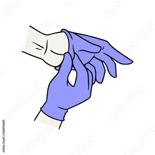 Hand putting on a blue medical glove, protection against infection and viruses, hygiene in healthcare, safety measures in hospitals, clinics