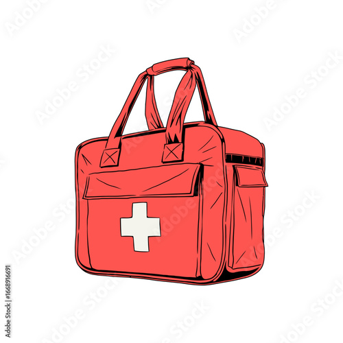 Red first aid kit bag with a white cross symbol for emergency medical supplies and healthcare, ready for travel and quick response