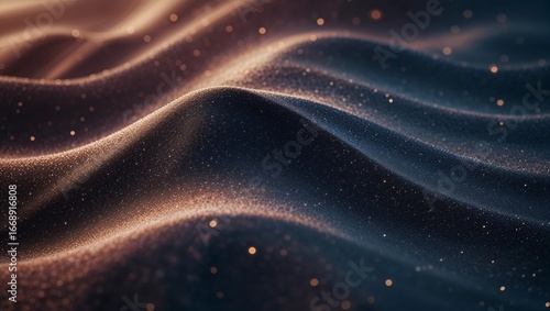 Surreal abstract with waves of sparkling texture in brown, copper, and navy tones.