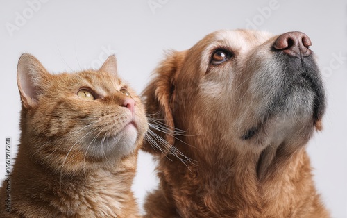A ginger cat and senior golden retriever sit side-by-side, gazing upwards with curious expressions against a plain white background
