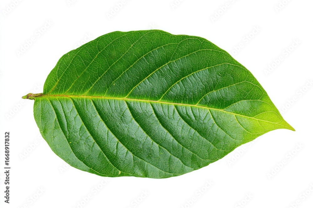 Obraz premium Single, vibrant green leaf isolated on white; ovate shape with prominent, parallel veins; smooth edges; reddish petiole