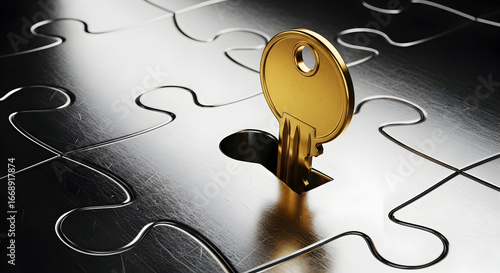Golden Key Resting on Reflective Black Puzzle Surface with Matching Keyhole Piece — Concept of Solution, Access, Security, and Strategic Fit in Business and Problem Solving