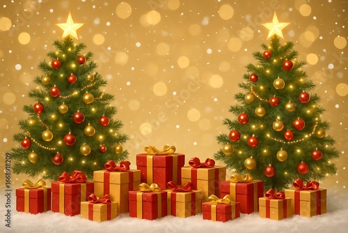 Two decorated Christmas trees with presents and falling snow Keywords: Christmas, tree, decorated, present, gift