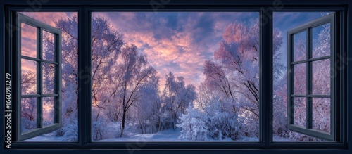 Winter sunrise viewed through a triple-paned window; frost-covered trees and a soft pink and purple sky are visible beyond the opened casements