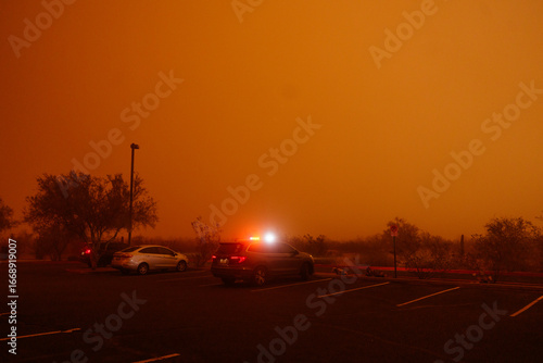Emergency lights on inside of dust storm haboob phoenix tempe Arizona Papago park