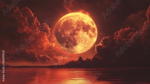 Lunar eclipse casting a reddish glow over water against dramatic cloud formations at night