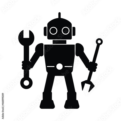 silhouette of a robot holding a tool on white background