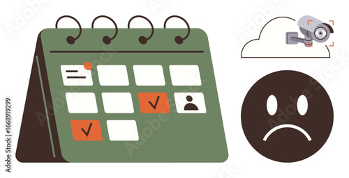 Calendar displaying tasks, cloud-based surveillance camera, and sad face expressing anxiety. Ideal for time management, deadlines, stress, productivity, surveillance, privacy concerns simple flat