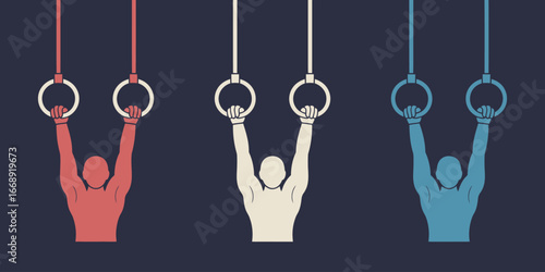 Three athletes hanging on gymnastic rings in red cream and blue on a dark blue background illustration