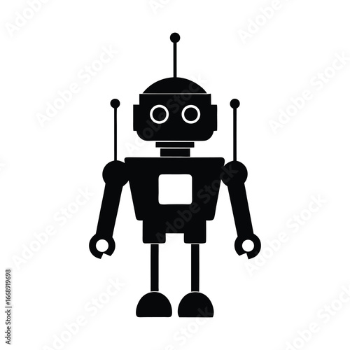 silhouette of a robot holding a tool on white background
