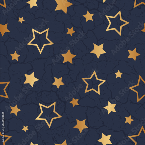 Star seamless pattern. Repeating big, small gold stars on blue background. Golden design print. Repeated starry texture. Сute shape prints. Repeat bling graphic. Spark patern. Vector illustration