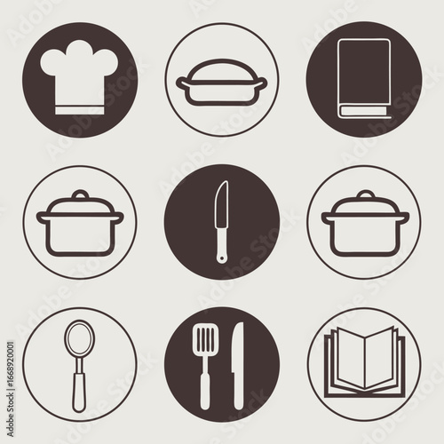 Cooking and culinary icons in circles chef hat food