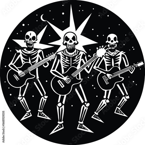 Skeletal Band Playing Guitars Under the Moon and Stars