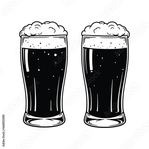 Two glasses of dark beer with foam on a white background
