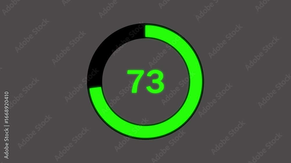 Numerical counting from 0 to 73. Circular progress bar with bright neon green light , countdown green animation timer circle countdown on black background. Numerical counting from 0 to 73. Circular progress bar with bright neon green light , countdown green animation timer circle countdown on black background.