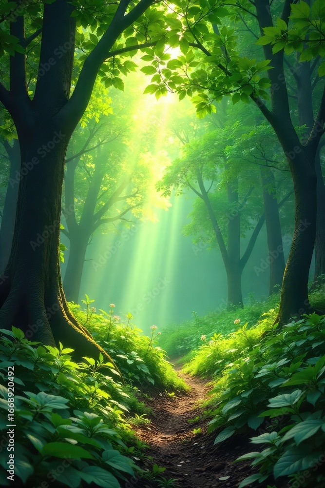 Naklejka premium Lush green forest scene, sunlight dappling through leaves, creating a magical atmosphere Perfect for nature, fantasy, and environmental themes , mystical, texture, earth