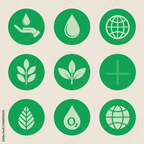 Environmental and ecological symbols in green circles