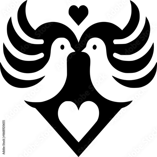 Dove Silhouette of Love and Unity: A stylized, high-contrast silhouette depicts two doves, their beaks meeting in a gentle kiss, forming a heart-shaped embrace, symbolizing love, peace.