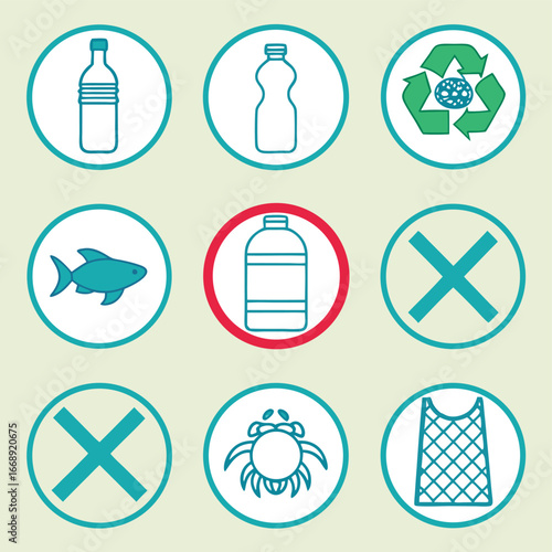 Environmental Icons Showing Plastic Pollution and Recycling