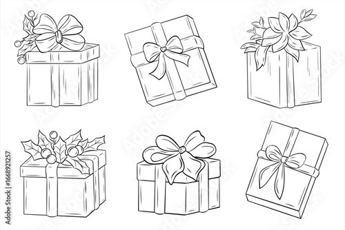 Christmas set, clip art of graphic gift box with ribbon. Graphic line art ink black and white illustration vector picture. Isolated present. For the design of postcards, posters, stickers, prints