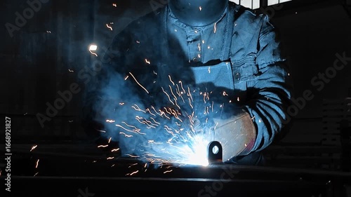 Welder in protective gear working with metal, creating bright sparks in factory. Industrial craftsmanship and manual labor in action