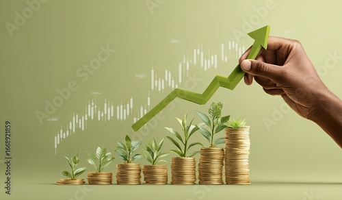 A hand manipulates an upward-trending green arrow above stacks of gold coins with growing plants, symbolizing financial growth and investment success