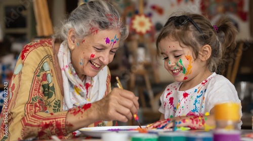 Joyful Art Time Grandmother and Granddaughter Painting Together