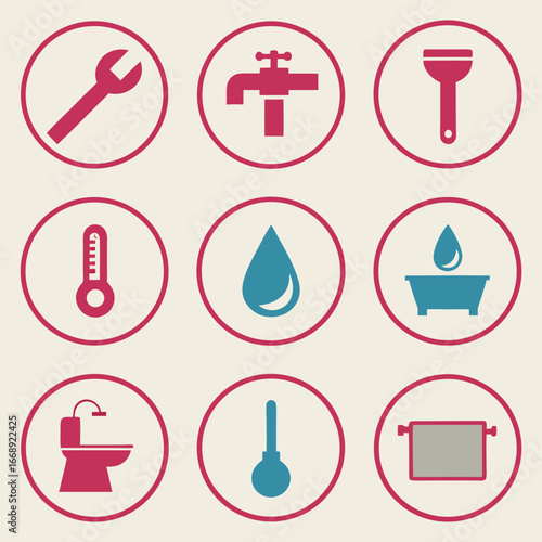 Plumbing and Bathroom Icons in Circular Frames wrench