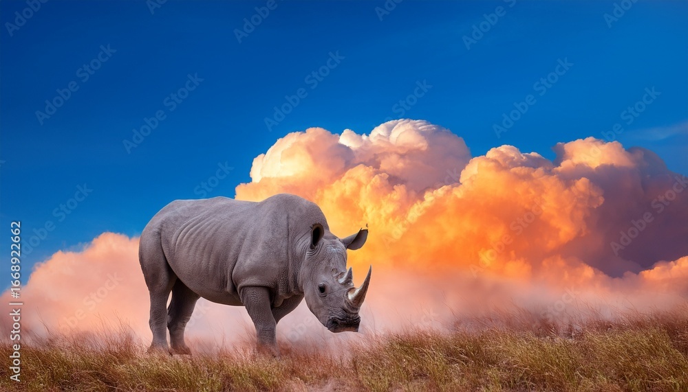 Obraz premium rhinoceros emerges from vibrant clouds in a surreal composition highlighting wildlife beauty