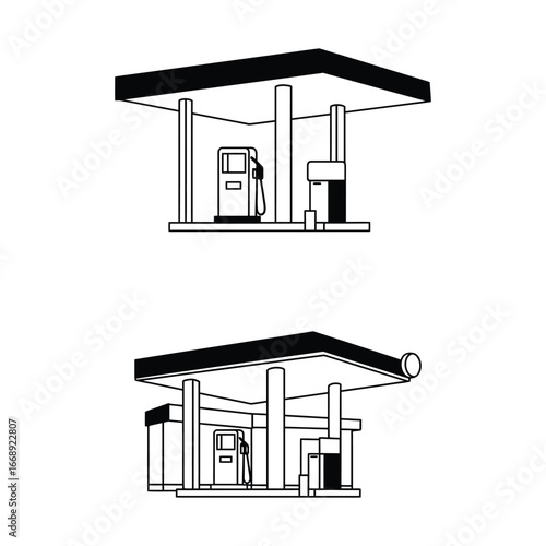 Gas station architecture with fuel pumps and canopy