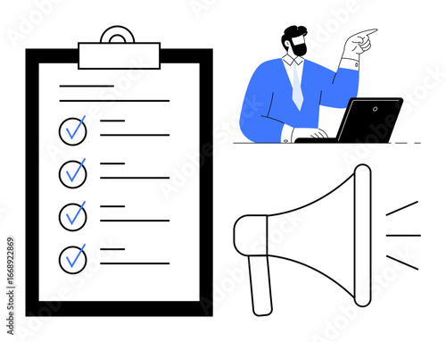 Checklist with marked tasks, professional working on laptop, pointing gesture for communication, loudspeaker amplifying ideas. Ideal for project planning, teamwork, task management, leadership