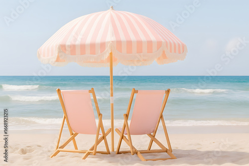 pink beach chairs and umbrella