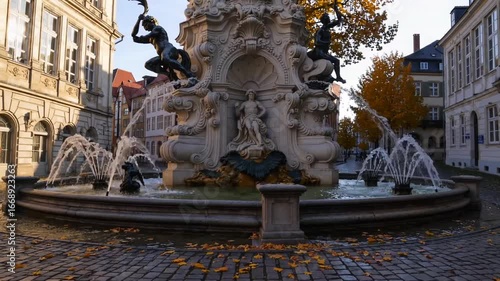 The historic Saint George fountain (Sankt Georgsbrunnen) located in the Gartenfeld district of Trier