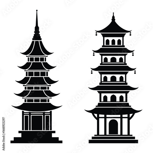 Two black pagoda silhouettes on white background