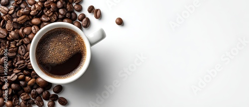 White cup of coffee surrounded by coffee beans