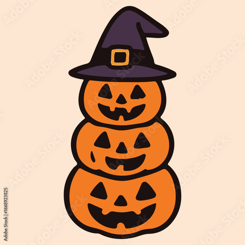 Halloween Pumpkin Stack with Witch Hat,Spooky Horror Characters illustration, Ghost Doodle design sublimation 