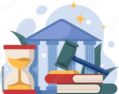 A gavel striking a stack of law books in front of a neoclassical building, with an hourglass symbolizing the passage of time and sparkling elements suggesting justice.