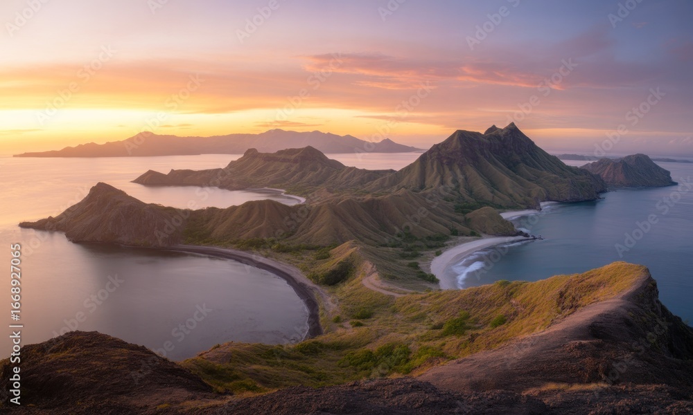 Fototapeta premium Sunrise over a dramatic archipelago. Lush green islands, dramatic volcanic peaks, and a calm ocean meet at a stunning sunrise