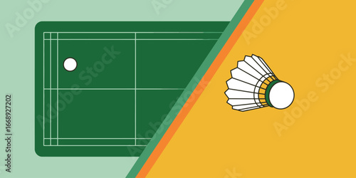 Illustration of a badminton court with a shuttlecock on a yellow background diagonally split design